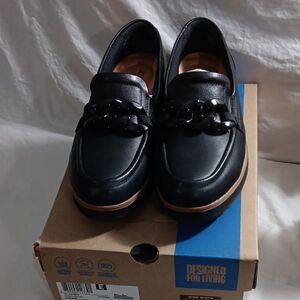 Clarks Black Leather Loafers with Chain Accent